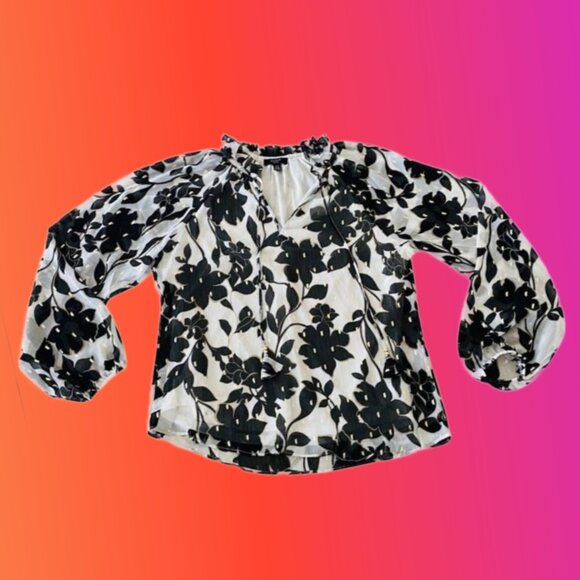 HAVER-London Boho-Chic Semi-Sheer Black Florals Gold Flecks Chiffon Blouse Sz 2X - Picture 5 of 6